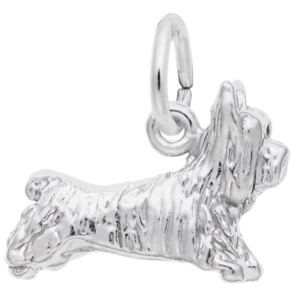The TERRIER / Sterling Silver pendant by Rembrandt Charms features a detailed engraving of a small, long-haired terrier in an alert stance, complete with a loop at the top for attaching to a chain or bracelet.