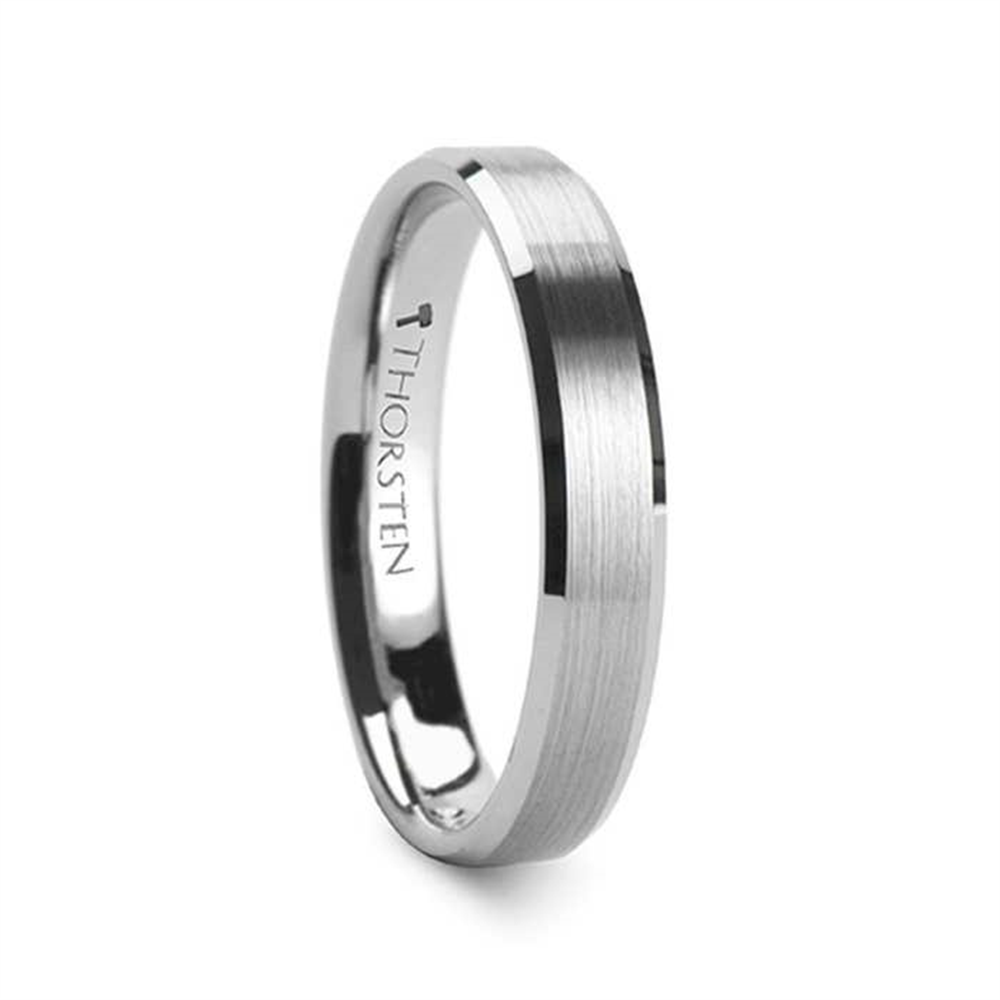 A sleek Sheffield Flat Beveled Edges Tungsten Ring by Thorsten, featuring a brushed silver-colored outer surface and a polished interior. The inside of this 6mm Size 9 ring is engraved with "THORSTEN" and includes a Thorsten Warranty for peace of mind.
