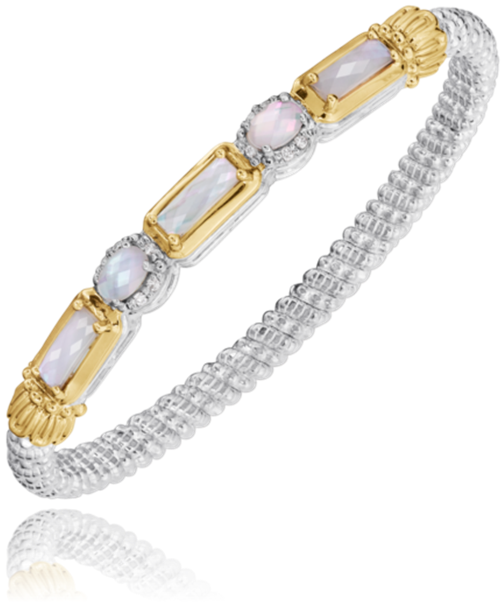 The Alwand Vahan Jewelry 4mm mother of pearl closed bracelet features sterling silver and 14k gold with pastel gemstones, including mother of pearl, set in gold frames and finished with 14k gold end caps against a white background.