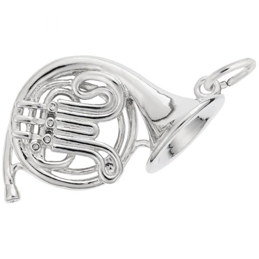 The Rembrandt Charms French Horn Charm, crafted from sterling silver, features detailed coils, valves, and a bell. It includes a small loop at the top for easy attachment to a chain or bracelet. The intricate design beautifully emphasizes the instrument's elegant curves and structure.