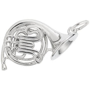 The Rembrandt Charms French Horn Charm, crafted from sterling silver, features detailed coils, valves, and a bell. It includes a small loop at the top for easy attachment to a chain or bracelet. The intricate design beautifully emphasizes the instrument's elegant curves and structure.