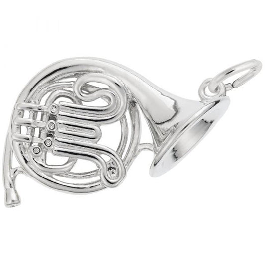 The Rembrandt Charms French Horn Charm, crafted from sterling silver, features detailed coils, valves, and a bell. It includes a small loop at the top for easy attachment to a chain or bracelet. The intricate design beautifully emphasizes the instrument's elegant curves and structure.