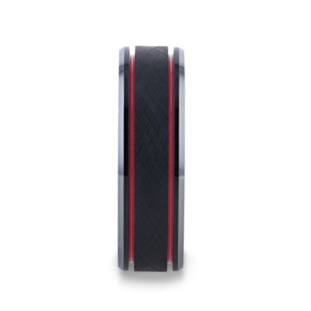 A close-up side view of the OLIS Black Tungsten Men's Wedding Band with Double Red Stripe by Thorsten, showcasing its black textured sides and a thin double red stripe running along the circumference. The wedding band is 8mm wide with smooth, gray edges. The background is plain white.