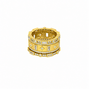 The Freida Rothman PYZR090242B Celestial Window 3 Stack Ring in gold tone, size 7, features geometric patterns and rows of white gemstones, displayed on a plain white background.
