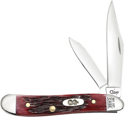 The W.R. Case & Sons Cutlery Co. My First Case Old Red Bone Peach Seed Jig Peanut features a textured red bone handle with a metal emblem, silver end cap, and two open blades—one etched with "MY 1ST CASE.