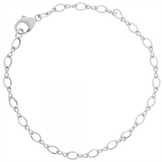 The Rembrandt Charms 450 silver chain bracelet, style 20-0102-008-SS, features oval links and a lobster clasp, displayed in a circle on white. Enjoy two evenly split podium payments for easy purchasing of this elegant accessory.