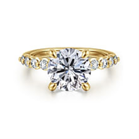 The Gabriel & Co 14K yellow diamond engagement ring (SN: S207933) features a 7.4mm round centerpiece accented by smaller diamonds on the band. Available in size 6.5.