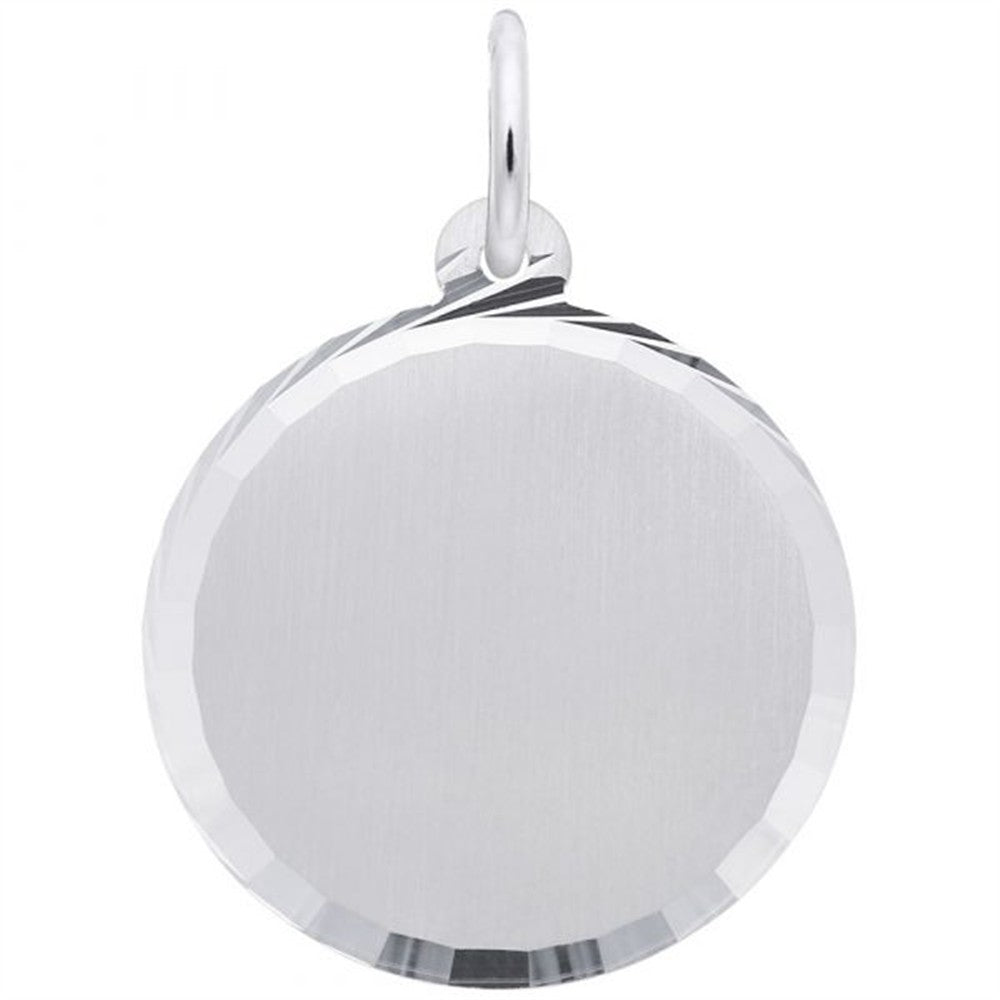 The Rembrandt Charms Medium Diamond Faceted Disc - Sterling Silver Charm features a round, sterling silver design with a faceted edge and a small loop at the top for attaching to a chain or keyring. Its smooth, plain center makes this charm ideal for engraving.