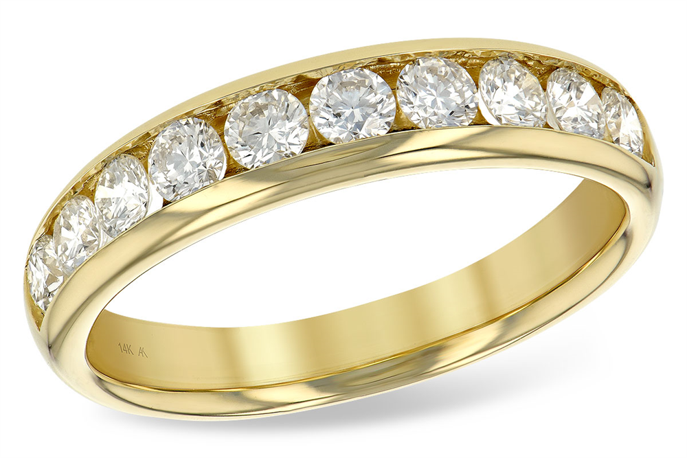 The Diamond 14k Yellow Gold Ladies Wedding Ring by Allison Kaufman showcases a row of nine round, sparkling diamonds elegantly set in a channel. This polished, shiny ring brilliantly reflects light.