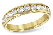 The Diamond 14k Yellow Gold Ladies Wedding Ring by Allison Kaufman showcases a row of nine round, sparkling diamonds elegantly set in a channel. This polished, shiny ring brilliantly reflects light.