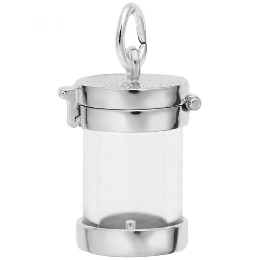 A sleek and polished Empty Capsule Charm in Sterling Silver by Rembrandt Charms, featuring a cylindrical housing with clear glass sides, a hinged lid, and a loop on top for easy attachment to any bracelet or necklace. This fillable charm includes a small lever for effortless opening and closing.