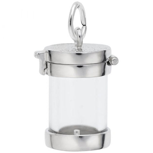 A sleek and polished Empty Capsule Charm in Sterling Silver by Rembrandt Charms, featuring a cylindrical housing with clear glass sides, a hinged lid, and a loop on top for easy attachment to any bracelet or necklace. This fillable charm includes a small lever for effortless opening and closing.