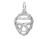 The Catamaran Charm by Rembrandt Charms is a gold-plated sterling silver pendant shaped like a stylized hockey goalie mask, featuring various geometric cutouts and a small loop at the top for attachment to a chain. This unique charm resembles a catcher's mask, blending athletic inspiration with elegant design.