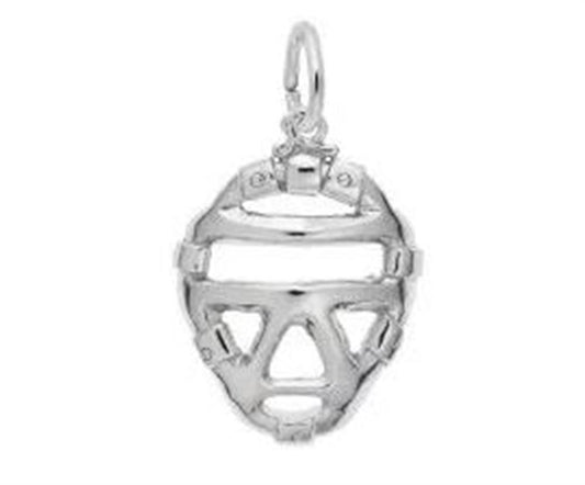 The Catamaran Charm by Rembrandt Charms is a gold-plated sterling silver pendant shaped like a stylized hockey goalie mask, featuring various geometric cutouts and a small loop at the top for attachment to a chain. This unique charm resembles a catcher's mask, blending athletic inspiration with elegant design.