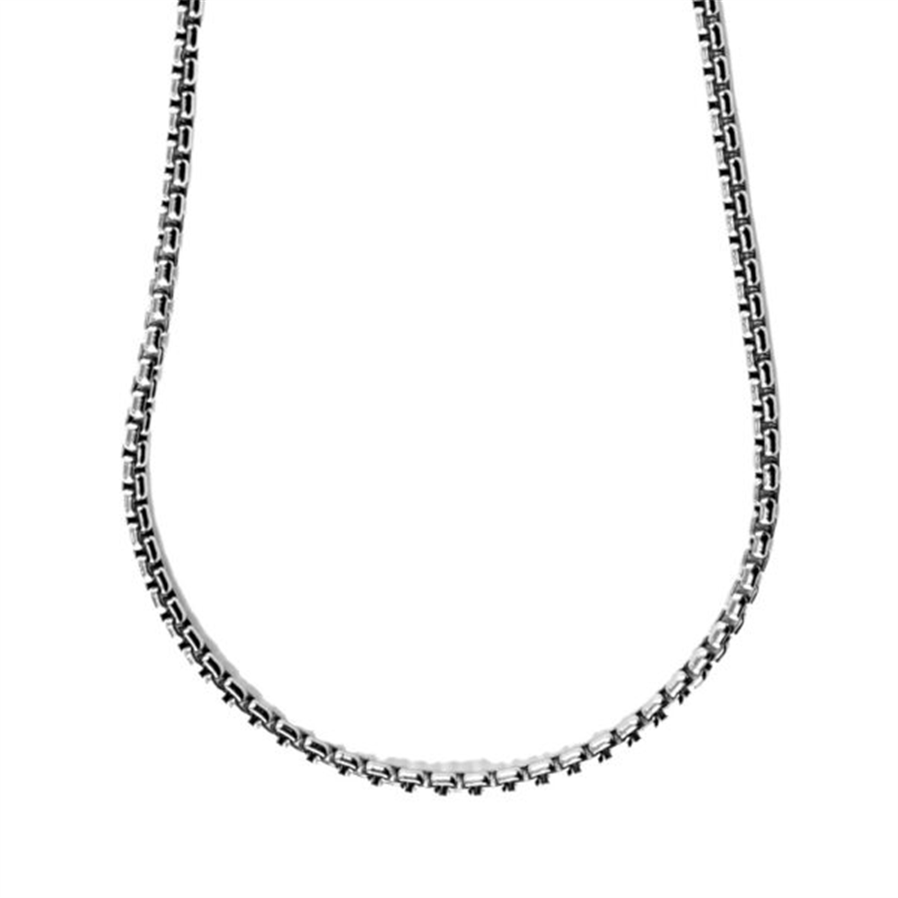 A close-up of the Rembrandt Charms Round Box Chain Necklace in Sterling Silver (16 inches) featuring a consistent, intricate link pattern. The necklace is elegantly displayed against a plain white background, showcasing its polished and uniform design, perfect for any charm collection.