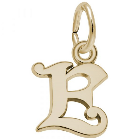 The Curly Initial E Accent Charm in Gold-Plated Sterling Silver by Rembrandt Charms is an ornate piece with a sophisticated design, featuring a small loop at the top for attaching to a chain or bracelet.
