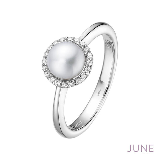 A Lafonn June Birthstone Ring in silver showcases a round pearl centerpiece encircled by shimmering diamonds, with "JUNE" displayed at the bottom right of the image.