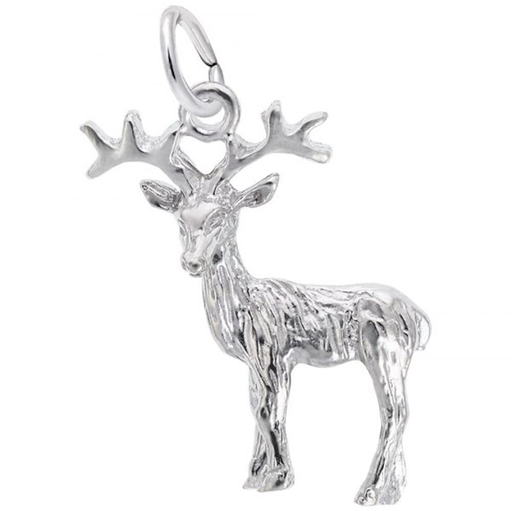 The Rembrandt Charms Reindeer Charm, crafted from sterling silver, features a pendant with intricate details that showcase the reindeer's antlers and textured fur. Hanging from a circular loop at the top, this elegant design captures the majestic appearance of the charm.