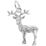 The Rembrandt Charms Reindeer Charm, crafted from sterling silver, features a pendant with intricate details that showcase the reindeer's antlers and textured fur. Hanging from a circular loop at the top, this elegant design captures the majestic appearance of the charm.