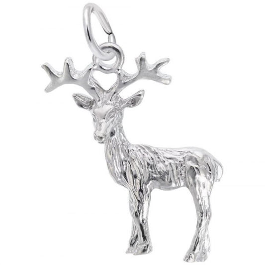The Rembrandt Charms Reindeer Charm, crafted from sterling silver, features a pendant with intricate details that showcase the reindeer's antlers and textured fur. Hanging from a circular loop at the top, this elegant design captures the majestic appearance of the charm.