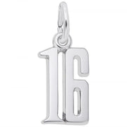 The Rembrandt Charms Number 16 Charm is crafted from sterling silver and features a sleek, polished finish. It is designed in the shape of the number "16" and includes a small loop at the top for easy attachment to a bracelet or necklace.