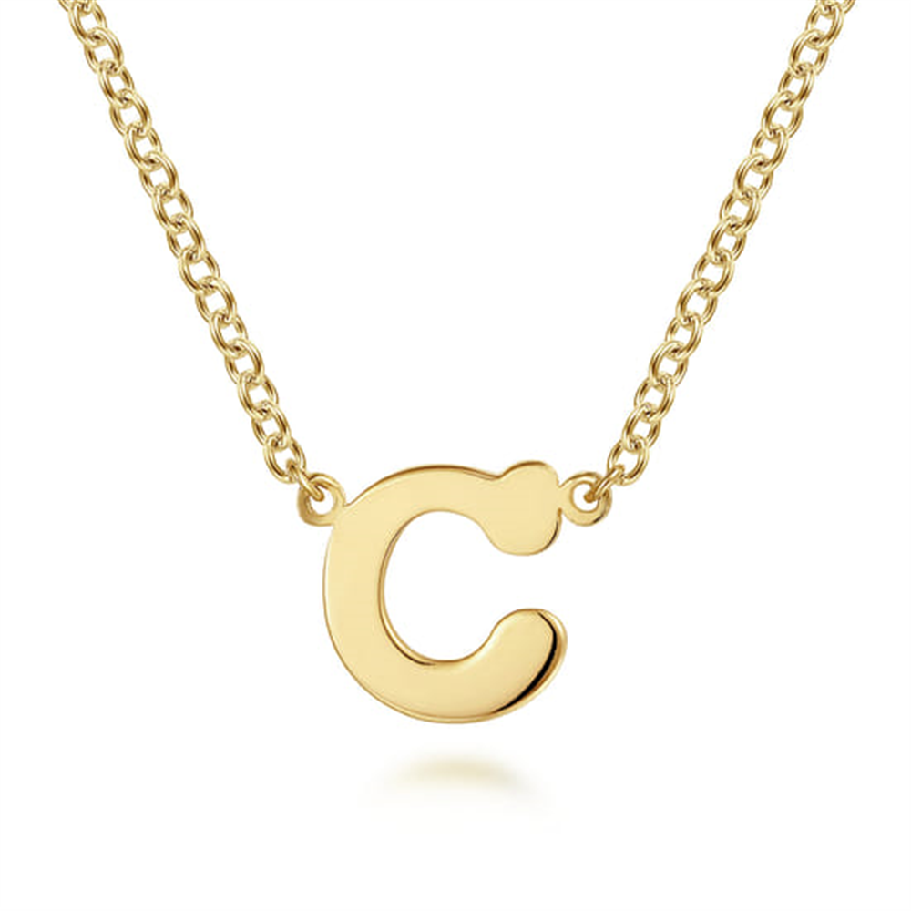 The Gabriel & Co 14K Yellow Gold C Initial Necklace features a bold, rounded "C" pendant on a simple chain—a timeless personalized accessory for any jewelry lover.