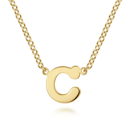 The Gabriel & Co 14K Yellow Gold C Initial Necklace features a bold, rounded "C" pendant on a simple chain—a timeless personalized accessory for any jewelry lover.