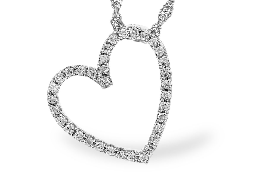 The Allison Kaufman 14k White Gold and Natural Diamond Heart Pendant, crafted in sleek white gold and adorned with sparkling natural diamonds, is displayed on a white background.