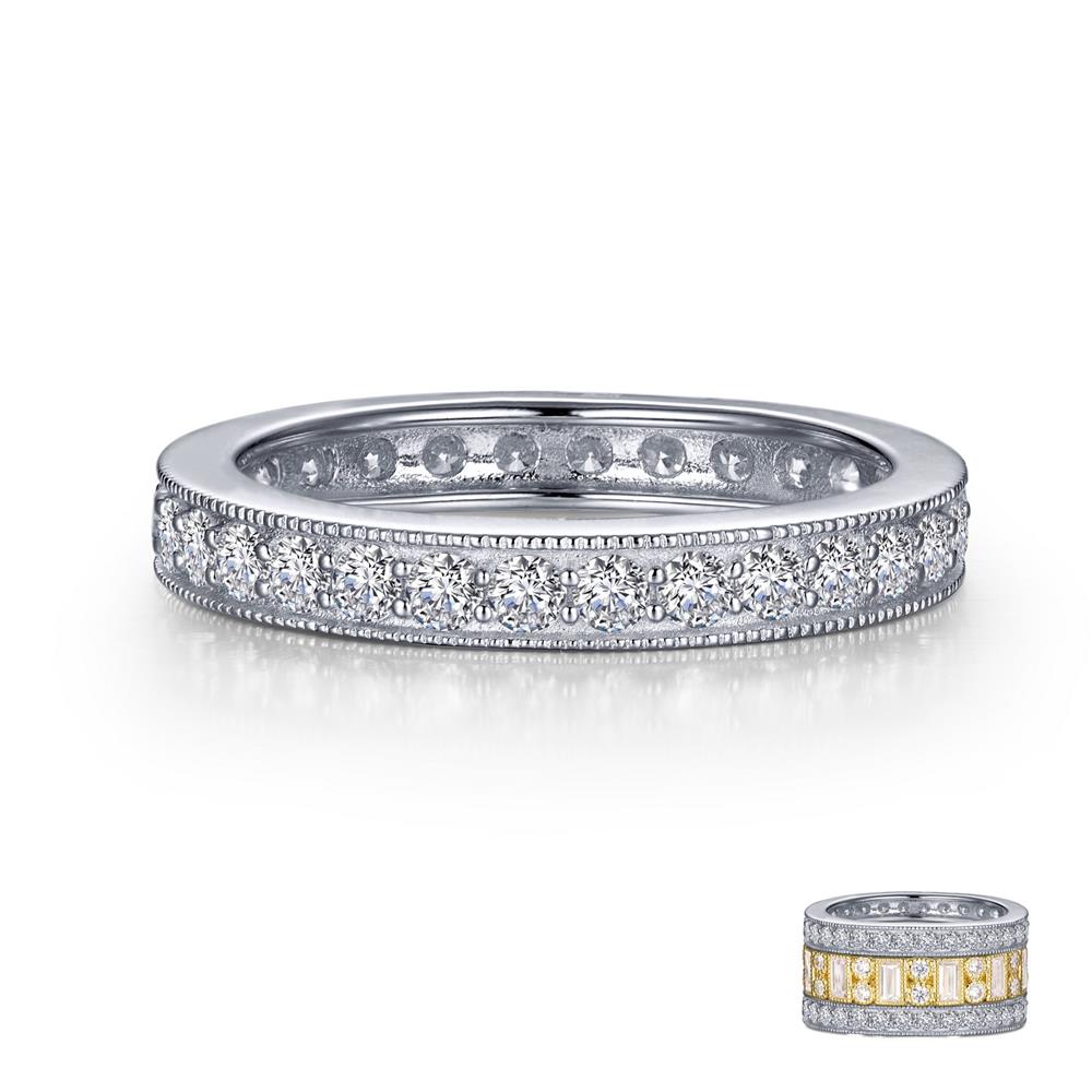 A silver eternity ring featuring a continuous row of diamonds set in a detailed band. In the bottom-right corner, there is a smaller image of the Lafonn 0.9 CTW Stackable Eternity Band with a gold band and square diamonds, flanked by smaller stones.