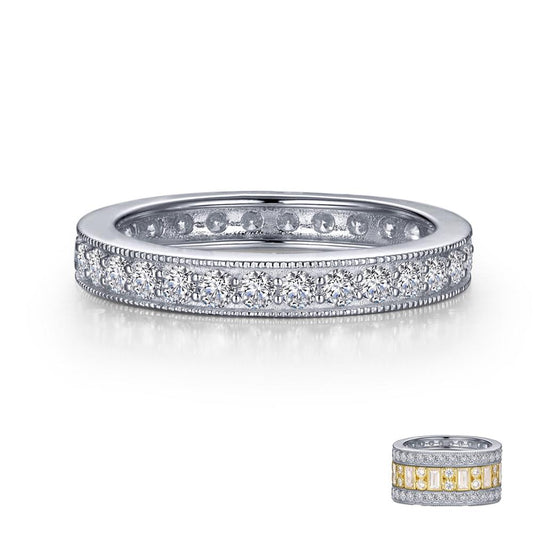 The Lafonn 0.9 CTW Stackable Eternity Band features small diamonds encrusted all around its silver circumference. In the bottom right corner, there is a smaller image showcasing a similar stackable eternity band with yellow gold accents and baguette-cut stones interspersed with round diamonds.