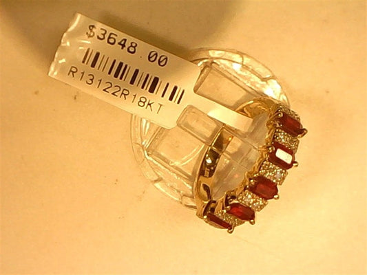 A Ryan Gems Diamond and Ruby station band, size 7 in 18k yellow gold, showcases five rubies with clear stones on a display stand. The price tag reads "$3648.00" and "R13122R18KT.