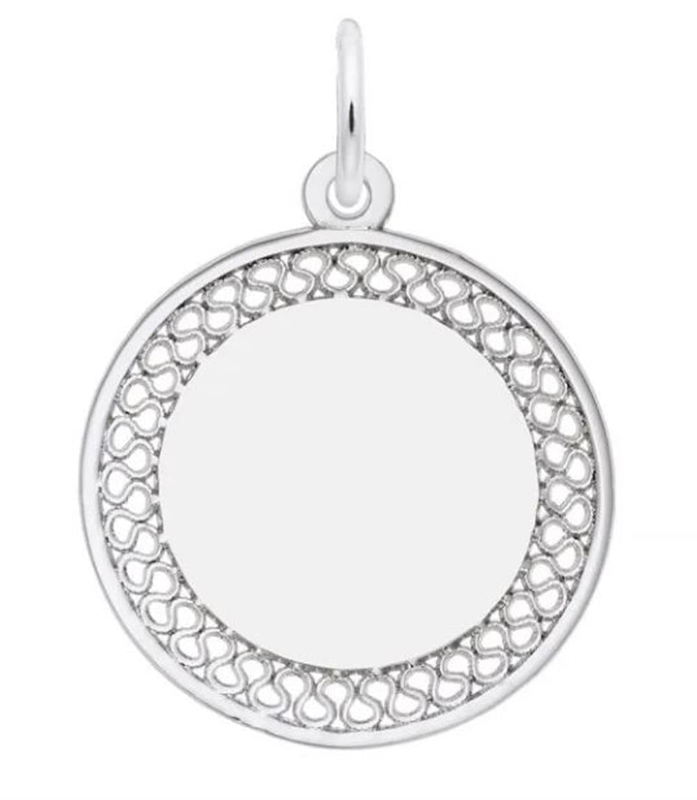 The Medium Filigree Disc Charm by Rembrandt Charms features a round sterling silver pendant with a plain circular center, surrounded by an intricately designed medium filigree disc pattern. It includes a small loop at the top for easy attachment to a chain or necklace. The openwork design comprises repeating curvilinear shapes, making it an ideal charm.