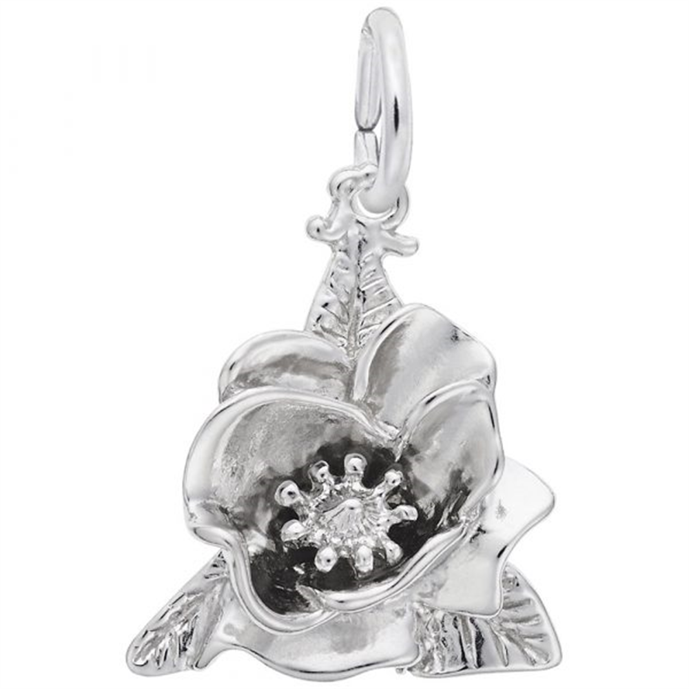 The Magnolia Flower Charm from Rembrandt Charms is beautifully shaped like a bloom, featuring a loop at the top for attaching to a chain. The sterling silver petals are spread open, revealing a delicately crafted center, while small leaves extend from the base of this exquisite charm.