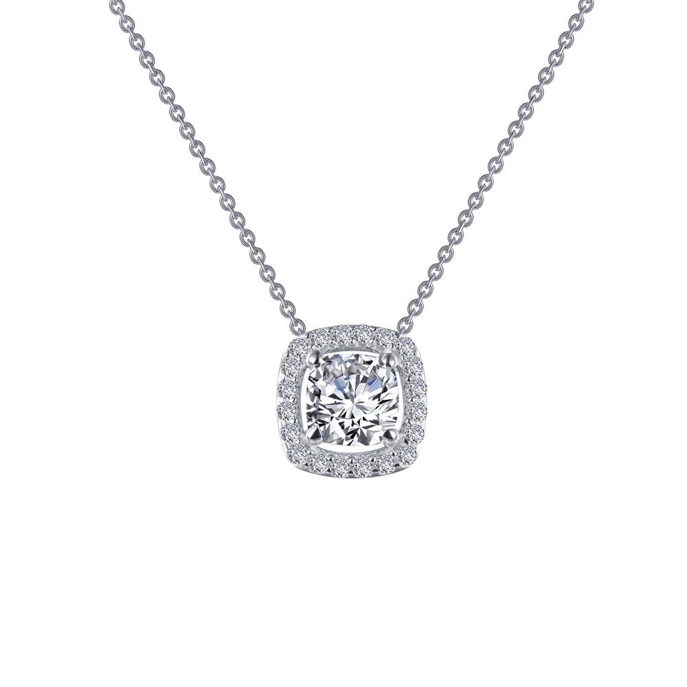 Presenting the Lafonn Diamonds Cushion-Cut Halo Necklace, a stunning piece that features a silver chain and a cushion-cut pendant adorned with a central round diamond and surrounded by smaller simulated diamonds. This halo necklace is an embodiment of timeless elegance with its sophisticated and minimalist design.