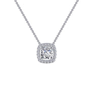 Presenting the Lafonn Diamonds Cushion-Cut Halo Necklace, a stunning piece that features a silver chain and a cushion-cut pendant adorned with a central round diamond and surrounded by smaller simulated diamonds. This halo necklace is an embodiment of timeless elegance with its sophisticated and minimalist design.