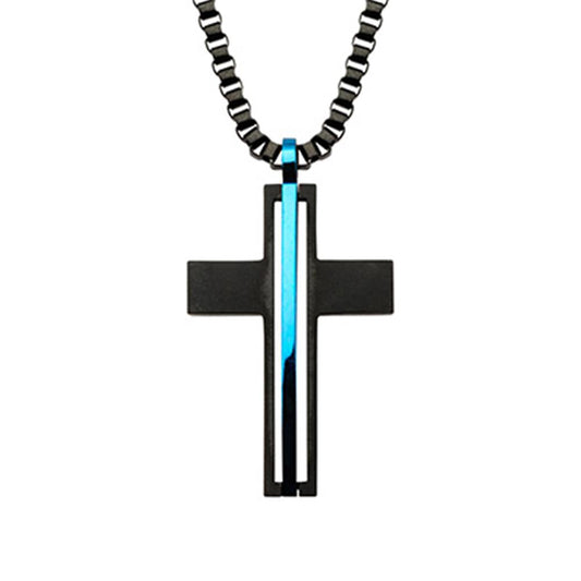 A black cross necklace with a blue metallic inner cross pendant, hanging on a black chain with rectangular links, is perfect to pair with the 2mm Meteorite Inlay Black Plated Ring by INOX for an iconic look.