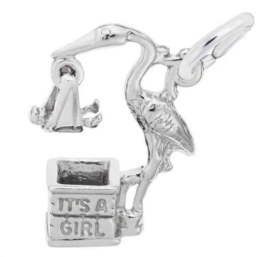 "It's A Girl" Stork - Sterling Silver Charm