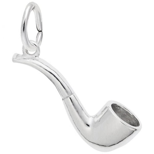 The Rembrandt Charms Pipe Charm in sterling silver features a polished classic tobacco pipe design with a curved stem and a small, round bowl. This exquisite piece of silver jewelry includes a small, circular loop, making it perfect for any charm bracelet.