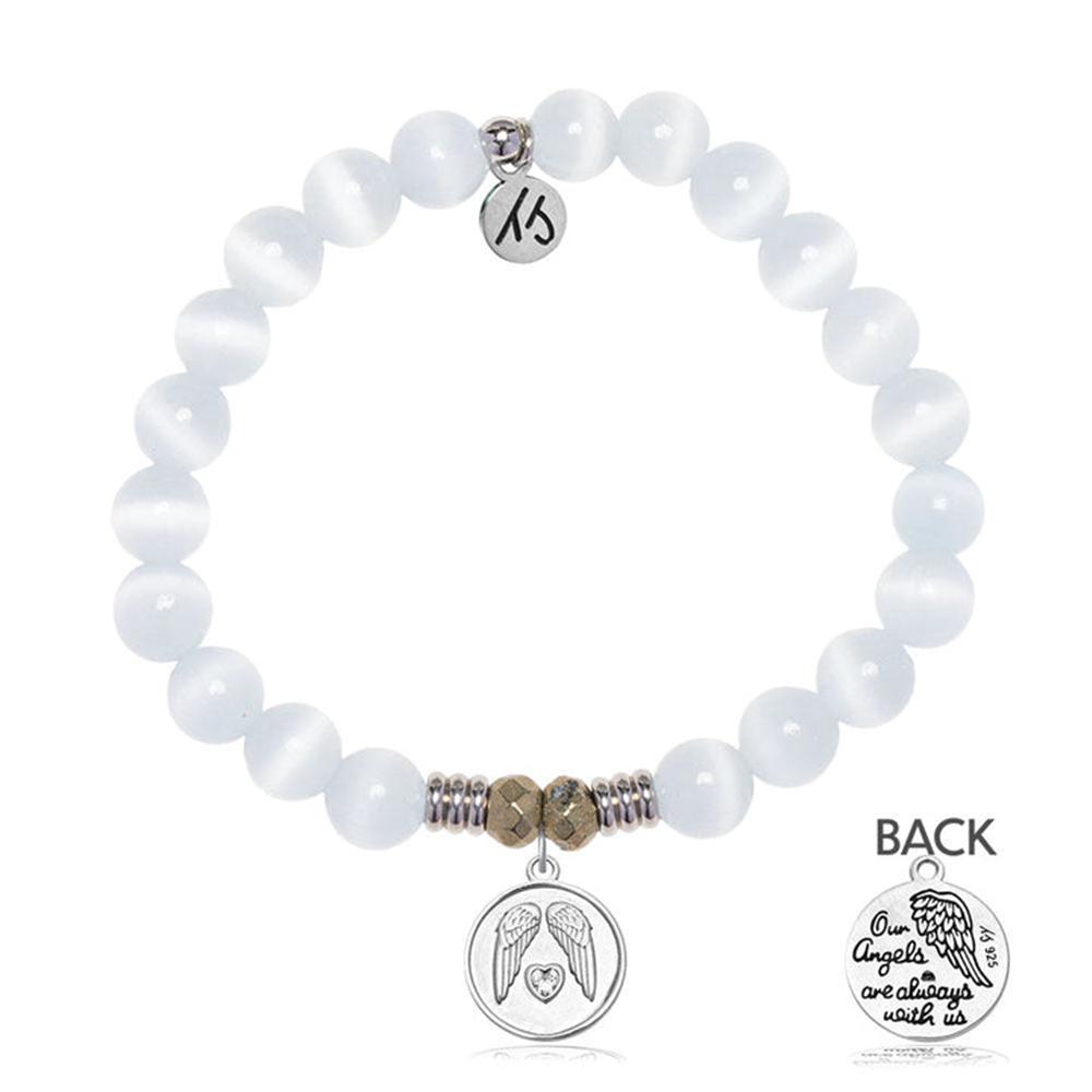 T Jazelle’s White Cats Eye Gemstone Bracelet features white beads and a sterling silver Guardian charm engraved with a heart and angel wings, plus a “15” pendant. Back of charm says, “Our Angels are always with us.”.