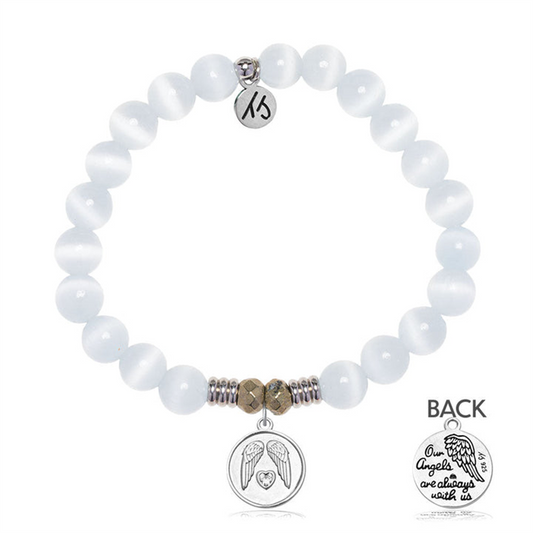 T Jazelle’s White Cats Eye Gemstone Bracelet features white beads and a sterling silver Guardian charm engraved with a heart and angel wings, plus a “15” pendant. Back of charm says, “Our Angels are always with us.”.