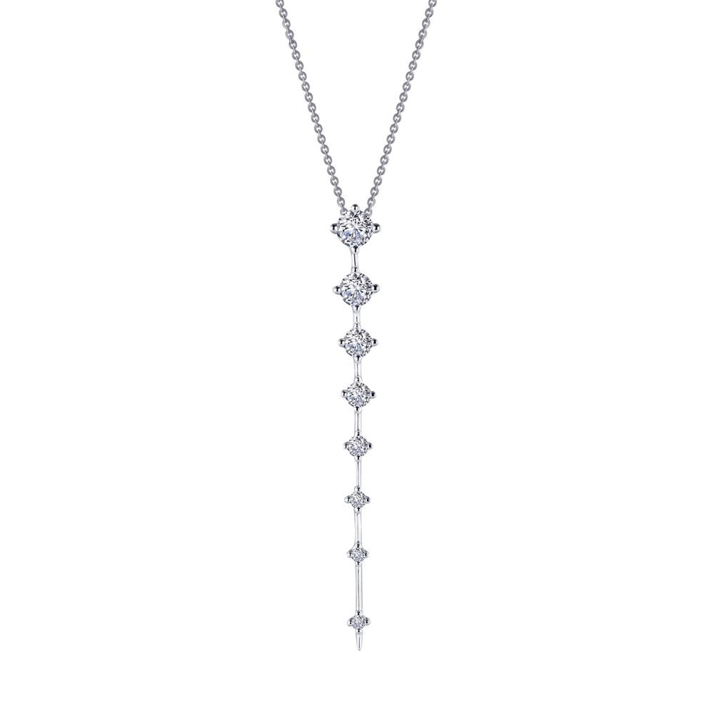 The Adjustable Icicle Necklace by Lafonn is a delicate Sterling Silver piece featuring a vertical pendant adorned with eight round and rectangular gemstones, arranged in a descending linear pattern from small to large. Its thin chain enhances the elegant simplicity of this exquisite Lafonn necklace.