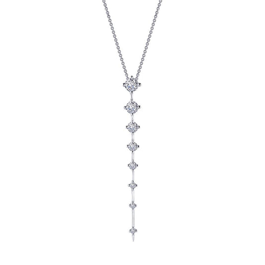 The Adjustable Icicle Necklace by Lafonn is a delicate Sterling Silver piece featuring a vertical pendant adorned with eight round and rectangular gemstones, arranged in a descending linear pattern from small to large. Its thin chain enhances the elegant simplicity of this exquisite Lafonn necklace.