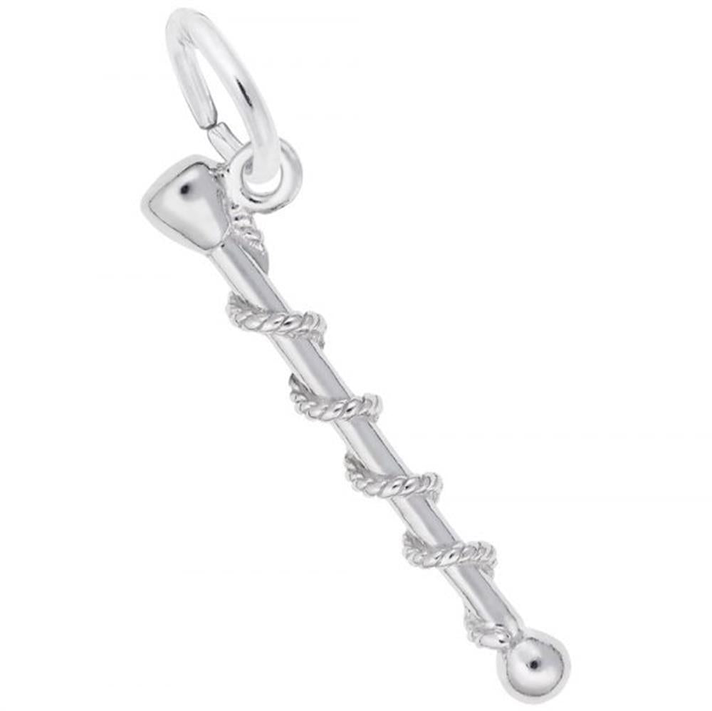 The Baton Charm in sterling silver by Rembrandt Charms showcases a single rod with an intricate spiral pattern, making it perfect for baton twirling jewelry. This exquisite pendant features a circular loop at the top for easy attachment to a chain, making it an ideal gift for any majorette.