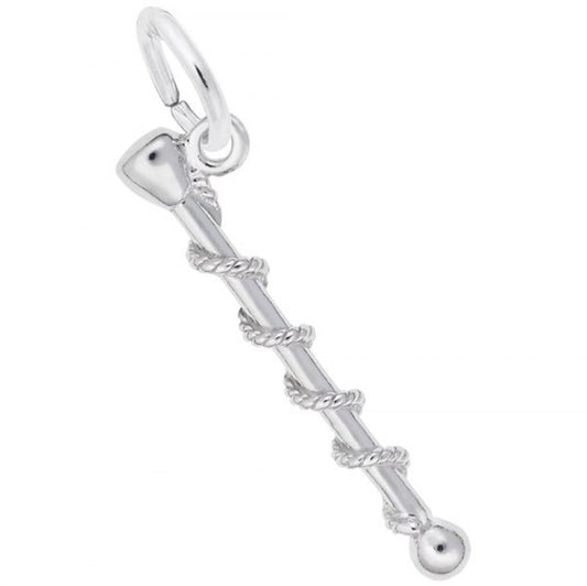 The Baton Charm in sterling silver by Rembrandt Charms showcases a single rod with an intricate spiral pattern, making it perfect for baton twirling jewelry. This exquisite pendant features a circular loop at the top for easy attachment to a chain, making it an ideal gift for any majorette.