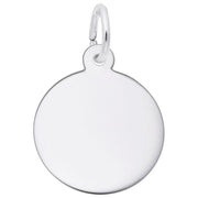 The Rembrandt Charms Disc Charm in sterling silver features a shiny, smooth-surfaced disc attached to a small metal ring at the top. This charm is blank with no visible engravings or markings, making it perfect for personalization, such as pet tags or keychains.