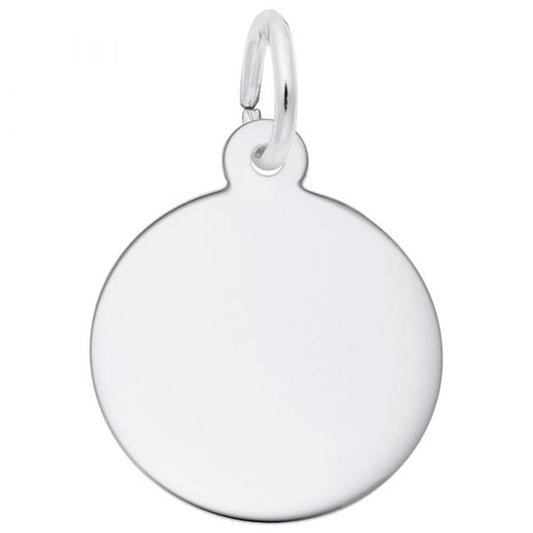 The Rembrandt Charms Disc Charm in sterling silver features a shiny, smooth-surfaced disc attached to a small metal ring at the top. This charm is blank with no visible engravings or markings, making it perfect for personalization, such as pet tags or keychains.