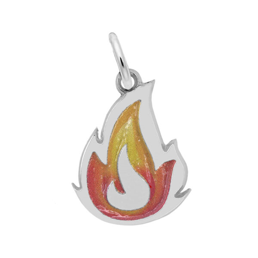 The Painted Flame Charm by Rembrandt Charms is a sterling silver charm shaped like a flame, featuring red, orange, and yellow enamel and a top loop for attaching to a chain.