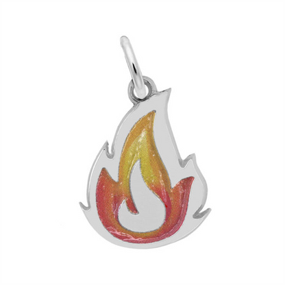 The Painted Flame Charm by Rembrandt Charms is a sterling silver charm shaped like a flame, featuring red, orange, and yellow enamel and a top loop for attaching to a chain.