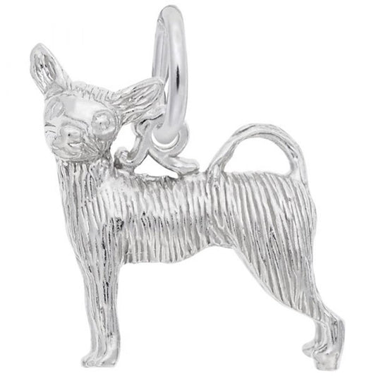 The Rembrandt Charms Chihuahua Dog Charm in sterling silver is intricately designed to resemble a standing Chihuahua with raised ears, a curled tail, and textured fur. The charm includes a small loop at the top for attaching to a bracelet or necklace.