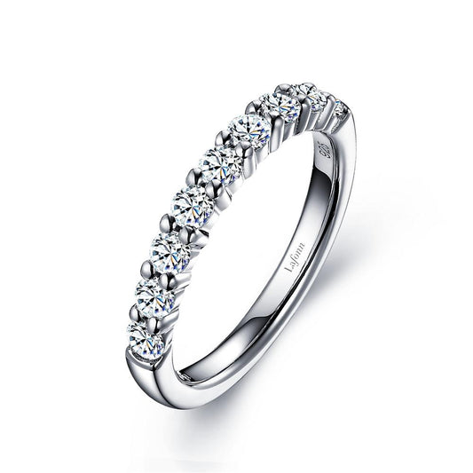 The Lafonn Half-Eternity Band is a sterling silver ring bonded with platinum, featuring nine evenly spaced, sparkling round diamonds on its upper surface, resulting in a shimmering and sophisticated design.
